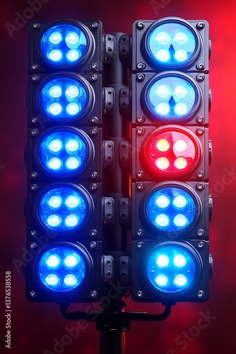 Racing start lights with red, and night.