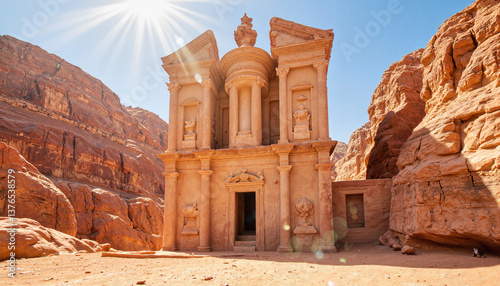 Ancient Petra monument in rocky desert landscape
