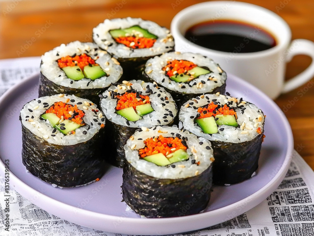 Eight Pieces of Sushi on a Plate with Soy Sauce Eight Pieces of Sushi on a Plate with Soy Sauce