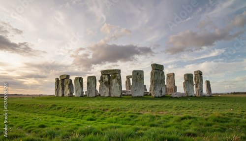 Stonehenge monument on green grass under cloudy sky