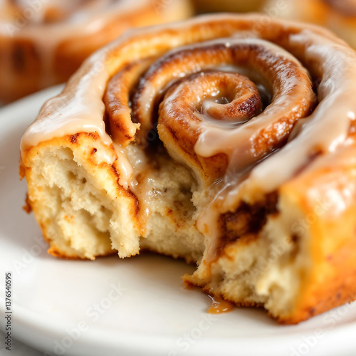 A detailed close-up of a warm, freshly baked cinnamon roll with a glossy icing drizzled on top, resting on a white plate. 