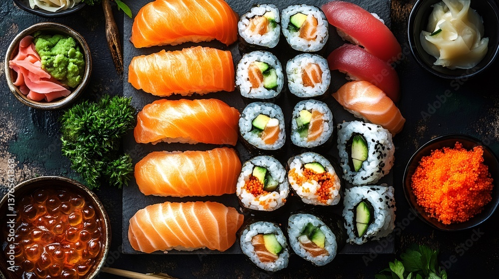 Sushi platter with nigiri, maki, sashimi, and traditional accompaniments Sushi platter with nigiri, maki, sashimi, and traditional accompaniments