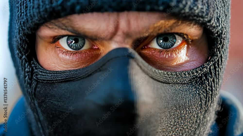 Close-up of an individual wearing a balaclava with intense blue eyes staring directly at the camera in an urban environment