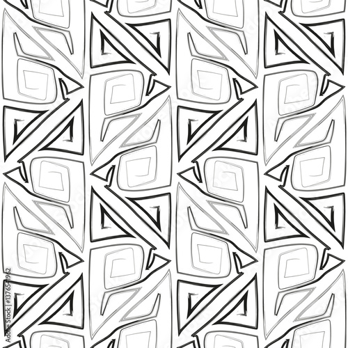 Seamless pattern with doodles collected in a geometric design. Lines drawn with pen, ink, paint.