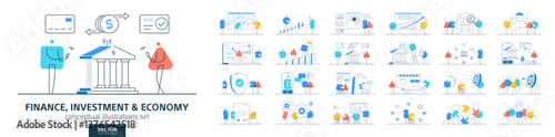 Banking, money and economic. Flat vector line illustrations of business people work. Stock market infographic, financial growth, payment concepts. Trade, invest, graph chart, budget planning icon set
