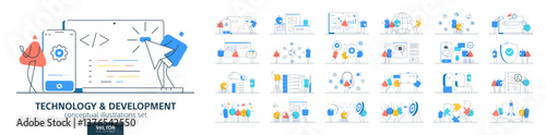 Software development, data technology in business. Flat vector illustrations set of people working. Web designers, engineers, and coders. Infographic, teamwork and job concepts. Computer digital icon