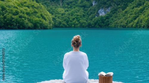 Young woman sitting by the lake with a book, phone turned off beside her, peaceful nature background, digital detox concept, relaxation, mindful living, nature escape