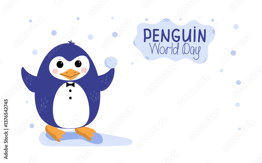 Fototapeta premium World Penguin Day, April 25. Poster, drawing with a baby penguin. Cute little penguin. Banner, postcard. Vector flat cartoon illustration. Antarctic animal, polar bird, isolated background.