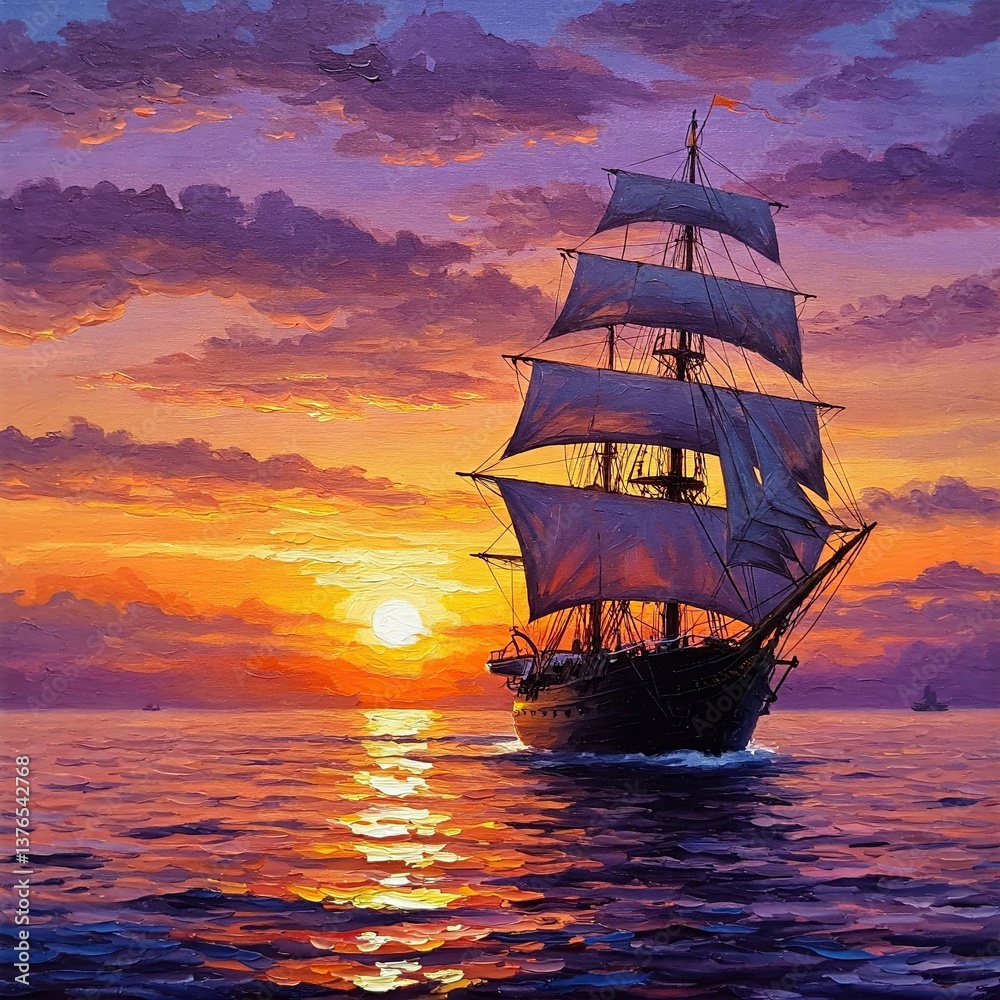 Fototapeta premium Warm Sea Glow Framing Classic Sailboat