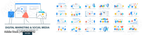 Social media technology, digital business company. Flat vector set of people working. Seo strategy, network communication concepts. Modern infographic corporate design. Web site, video content icons