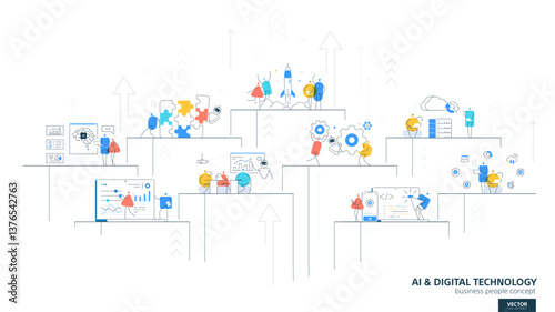 AI Digital Technology. Robot, automation process, machine line icons, and people characters. Business infographic development. Vector teamwork concept illustration. Tech journey and growth. Startup