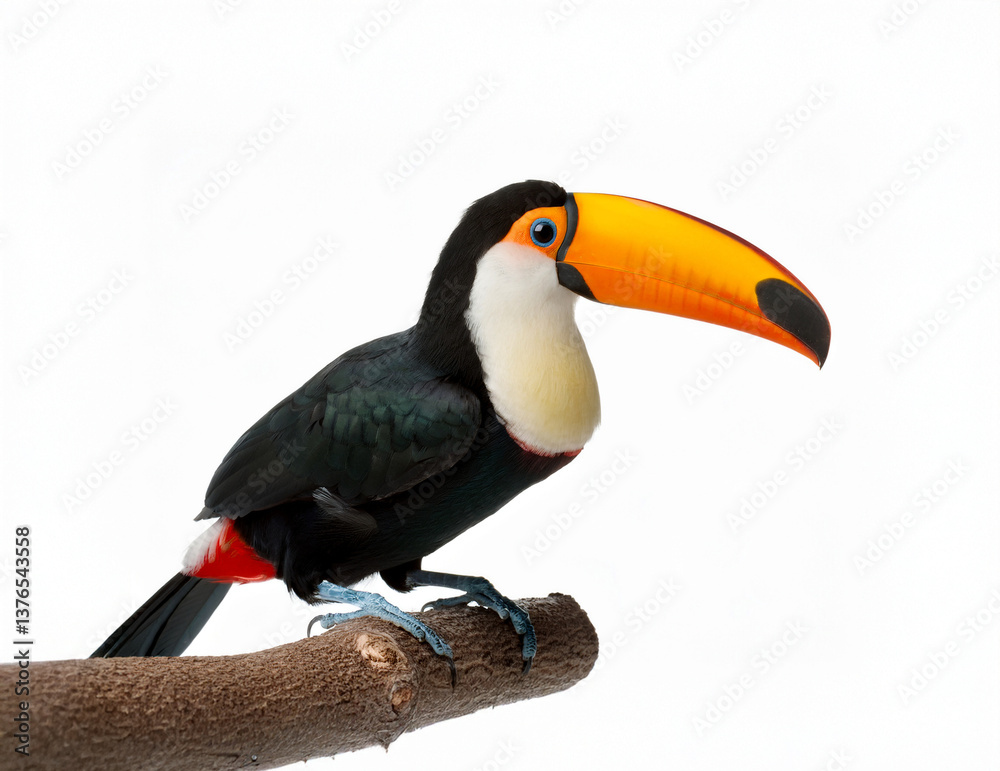 Obraz premium A vibrant toucan perched on a branch, showcasing its large, colorful beak. The bird's black feathers contrast with its bright yellow throat. Lush green tropical foliage in the background.