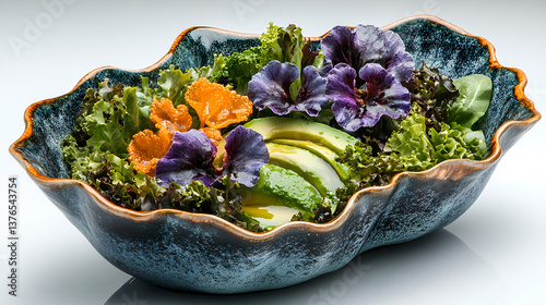 A healthy salad with mixed greens, colorful vegetables, avocado slices, and a drizzle of olive oil, served in a stylish bowl