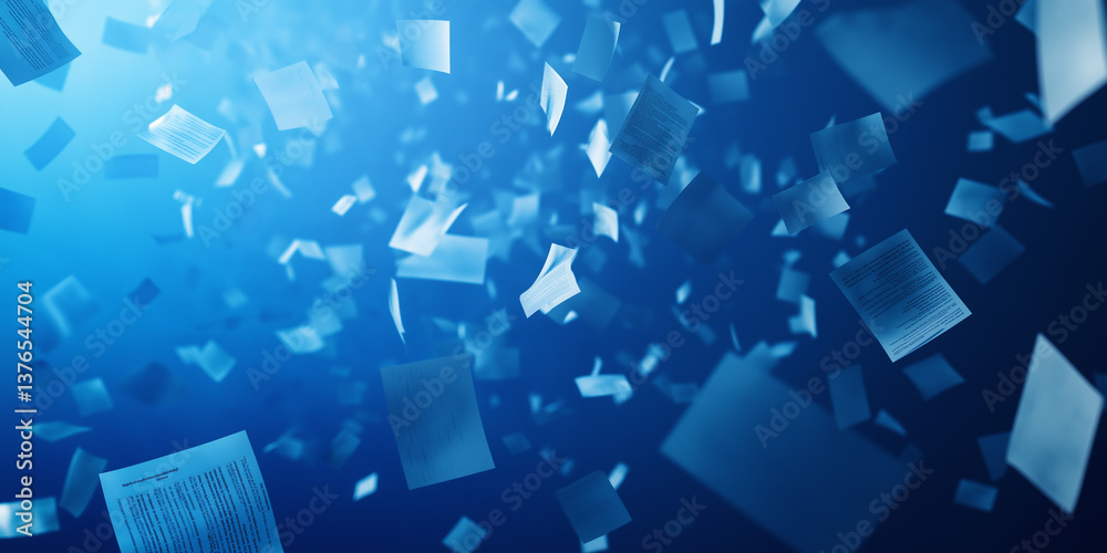 Flying documents in blue background representing digital data or paper chaos
Flying documents in blue background representing digital data or paper chaos