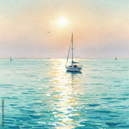 Romantic Sunset With Floating Sailboat