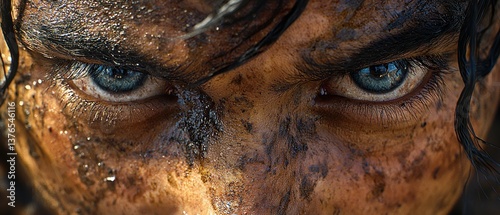 Close-up of a person's intense gaze, face smeared with mud or dirt, showcasing determination and resilience