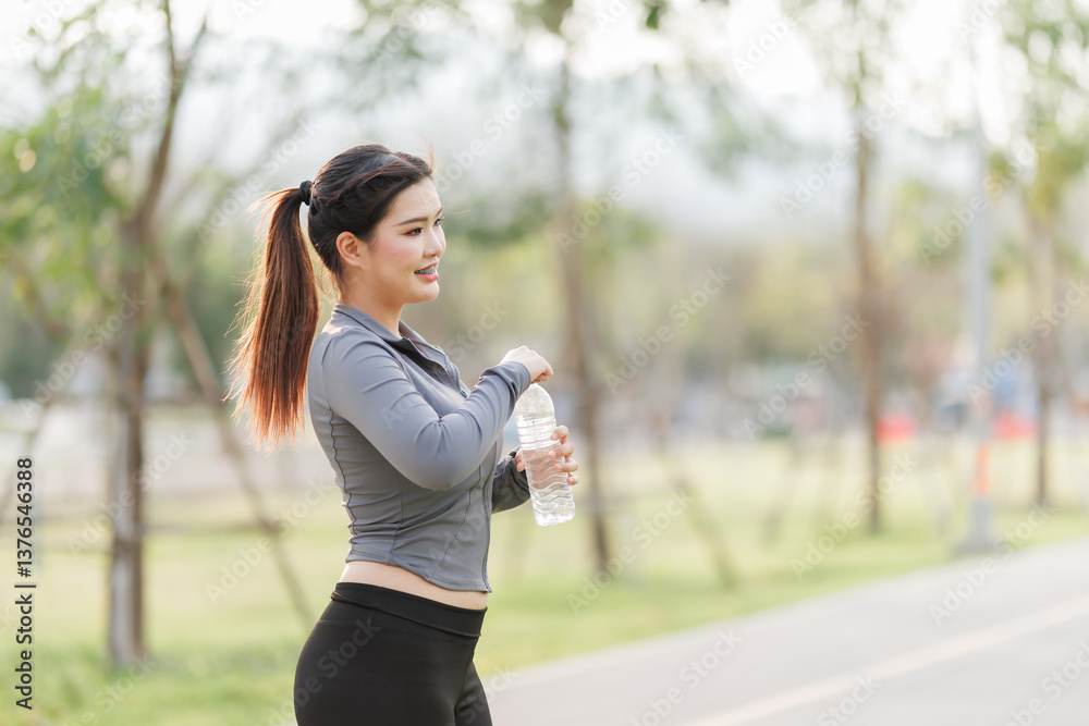 A young woman is taking a break to drink water, recharging her energy and refreshing her body during her workout. A young woman is taking a break to drink water, recharging her energy and refreshing her body during her workout.
