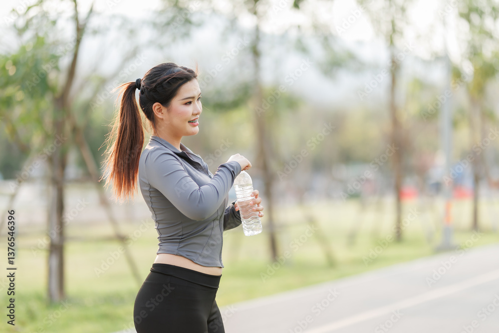 A young woman is taking a break to drink water, recharging her energy and refreshing her body during her workout. A young woman is taking a break to drink water, recharging her energy and refreshing her body during her workout.