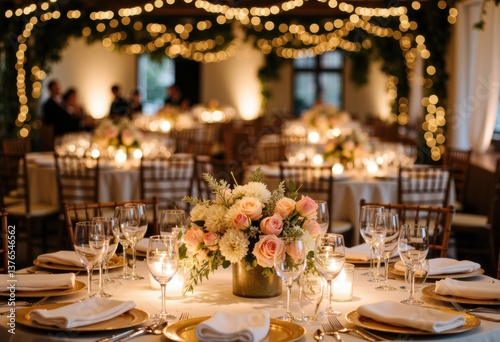 Elegant wedding reception setup with floral centerpieces and soft lighting