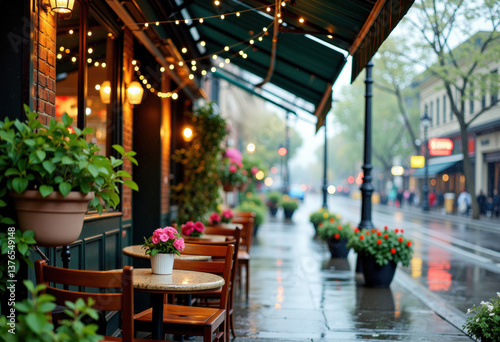Charming outdoor café scene with flowers and rain-soaked pavement