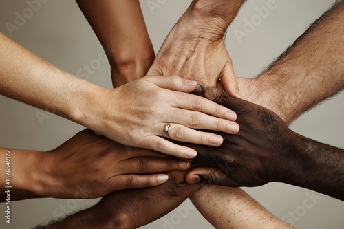 Hands of people of different nationalities and skin colors are extended to each other, showing unity and equality of different cultures