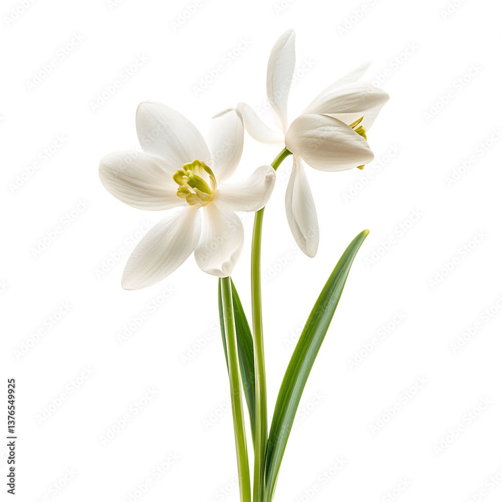 Two White Snowdrop Flowers in Vase Isolated on Transparent Background Two White Snowdrop Flowers in Vase Isolated on Transparent Background