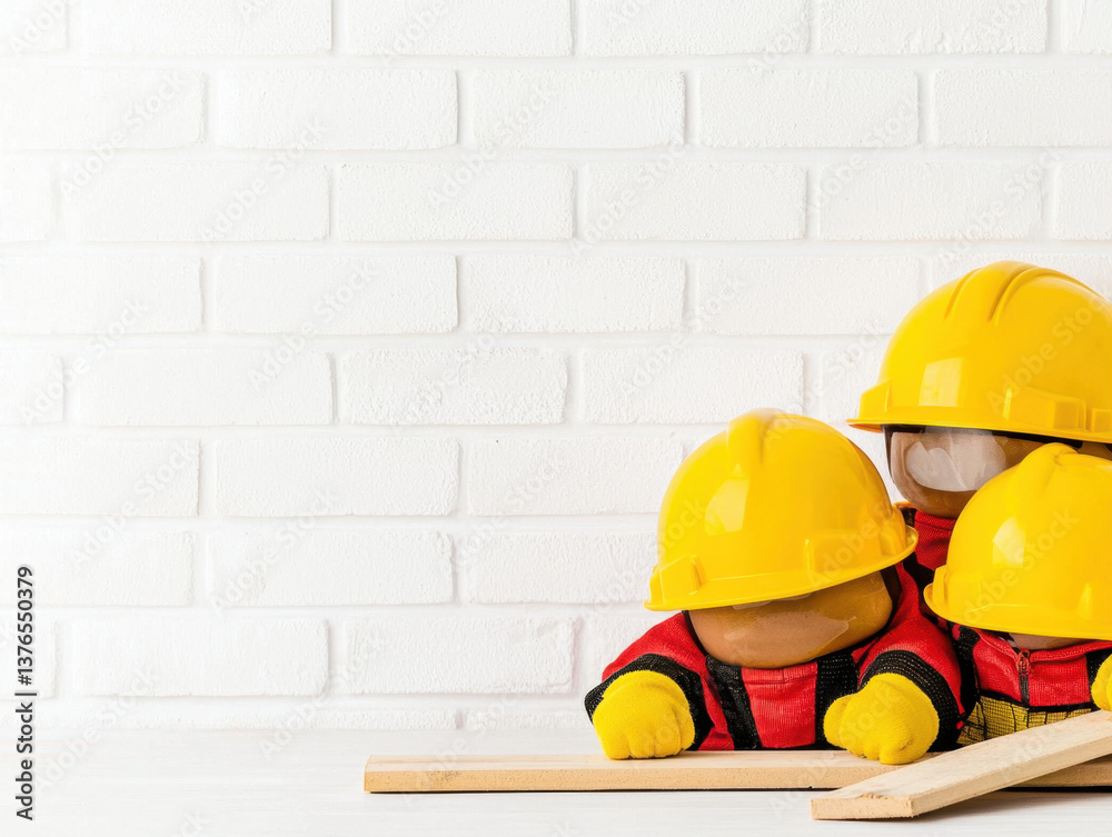 Toy Construction Workers with Hard Hats Near White Brick Wall Toy Construction Workers with Hard Hats Near White Brick Wall