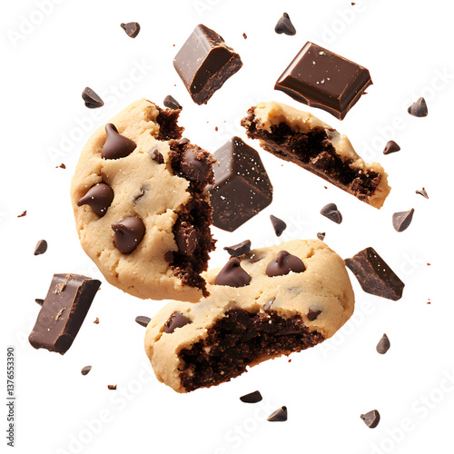 Flying Chocolate Chip Cookie Dough with Floating Choco Isolated on Transparent Background