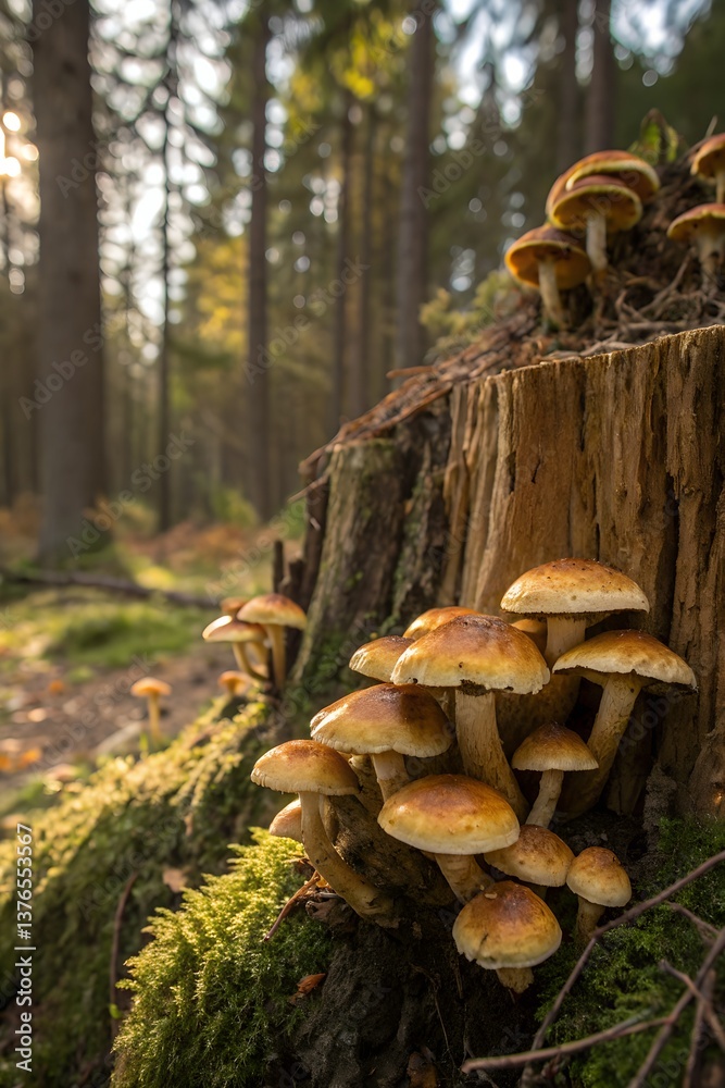 Fototapeta premium Cluster of armillaria mushrooms thriving on an old tree stump in a sunlit forest, glowing golden hues among moss and fallen leaves