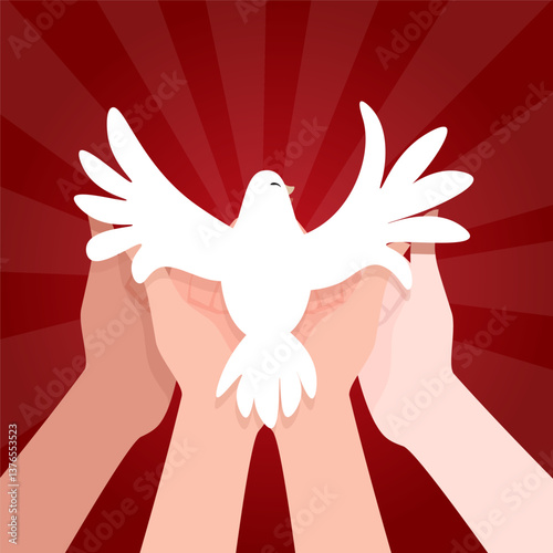 White flying dove symbol of the Holy Spirit and hands of people of different nationalities to Pentecost