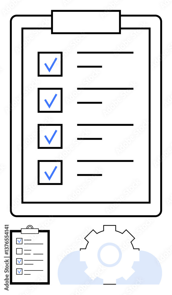 Clipboard with checklist and checkmarked tasks, alongside a gear icon. Ideal for productivity, efficiency, task management, organization, planning, workflow operations. Clean flat simple metaphor Clipboard with checklist and checkmarked tasks, alongside a gear icon. Ideal for productivity, efficiency, task management, organization, planning, workflow operations. Clean flat simple metaphor