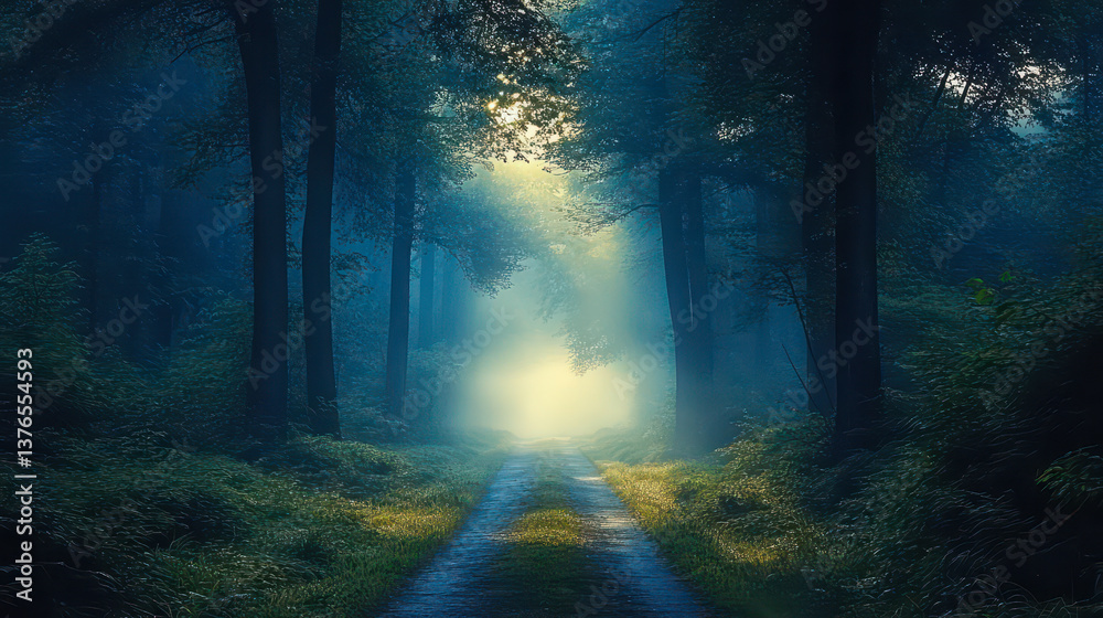 Enchanted Misty Forest Morning Path with Sun Rays Through Trees - Serene Nature Landscape for Tranquil Walks and Escape Enchanted Misty Forest Morning Path with Sun Rays Through Trees - Serene Nature Landscape for Tranquil Walks and Escape