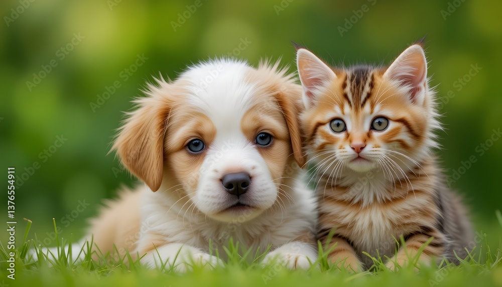 Obraz premium Puppy and Kitten Sitting Together in the Grass
