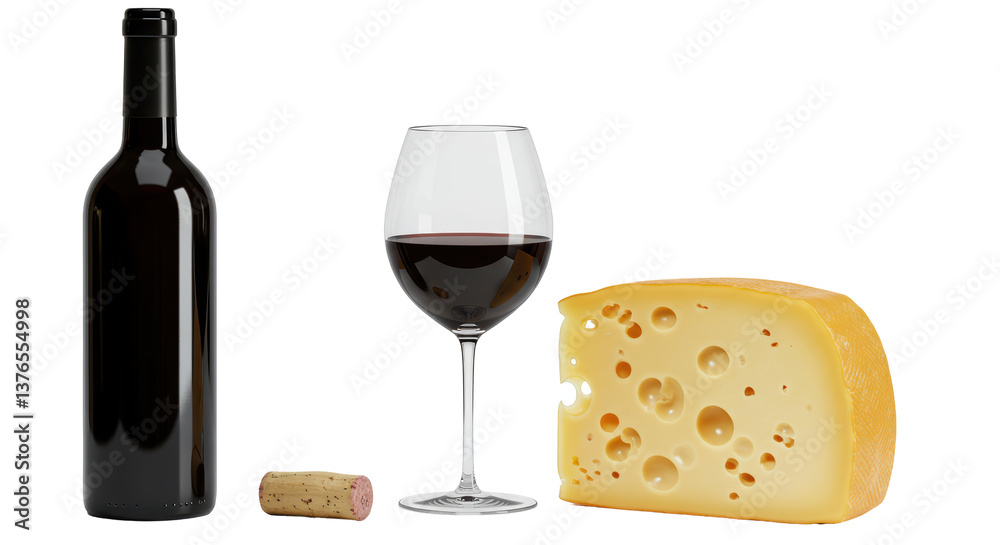 Obraz premium Isolated Red Wine Bottle Glass and Cheese Still Life