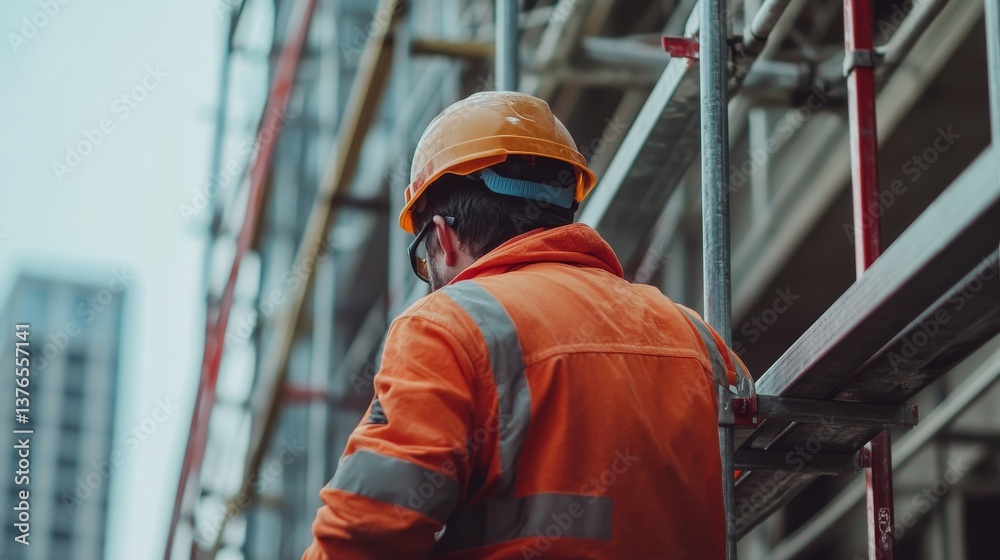 A construction worker in a helmet setting up scaffolding on site. Featuring construction and teamwork A construction worker in a helmet setting up scaffolding on site. Featuring construction and teamwork