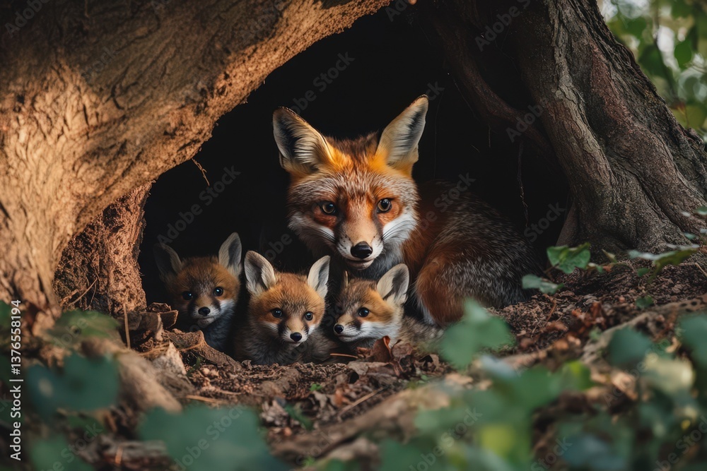 Fototapeta premium A mother fox and her kits sheltered in their woodland den