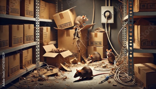 A dimly lit storage room with a family of rats hiding among cardboard boxes and gnawing on electrical wires.