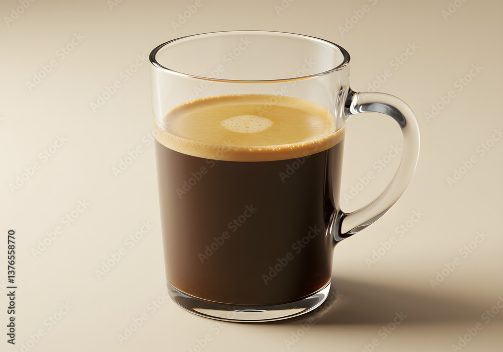A clear mug filled with dark coffee with light foam A clear mug filled with dark coffee with light foam