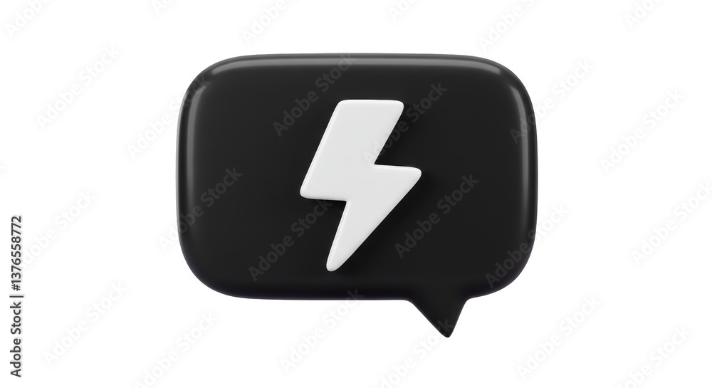 Fototapeta premium Isolated Glossy Black Speech Bubble with White Lightning Bolt Symbol