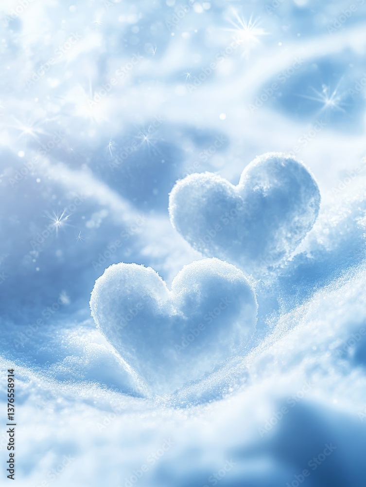 Fototapeta premium Abstract Snow Hearts in Winter Wonderland - Two snow hearts nestled in a snowy landscape symbolize love, winter, purity, hope, and serenity. A beautiful winter scene