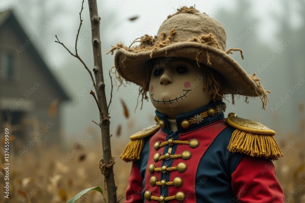 A scarecrow dressed in a military uniform stands in a field A scarecrow dressed in a military uniform stands in a field