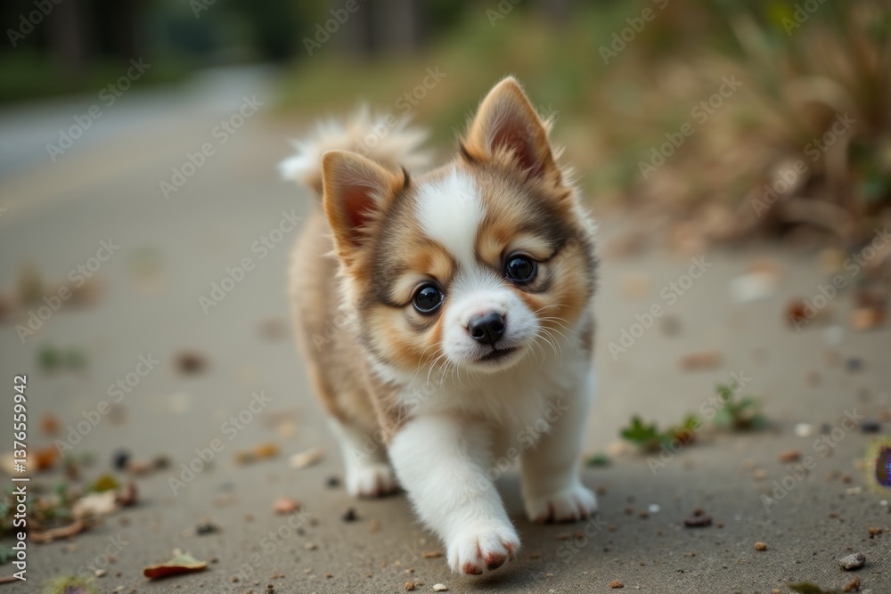 Fototapeta premium A small brown and white dog walking down a sidewalk