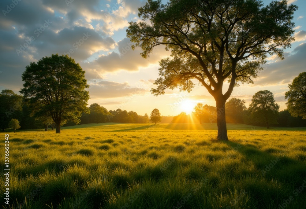 Fototapeta premium A lone tree in the middle of a grassy field at sunset