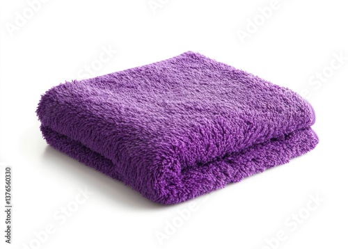 Folded Purple Microfiber Towel on White Background for Spa or Cleaning