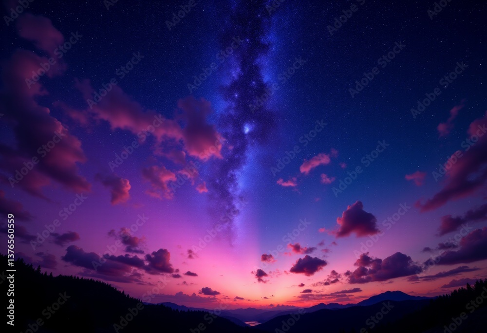 Fototapeta premium A purple and blue sky with clouds and a milky way in the background