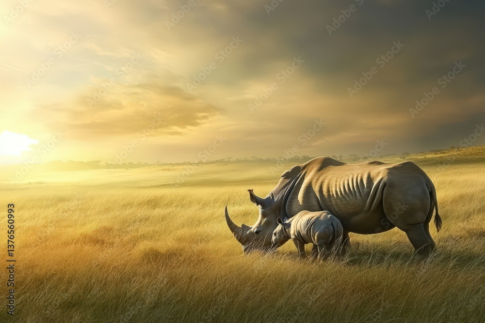 Fototapeta premium A large rhino and its calf graze peacefully in a field