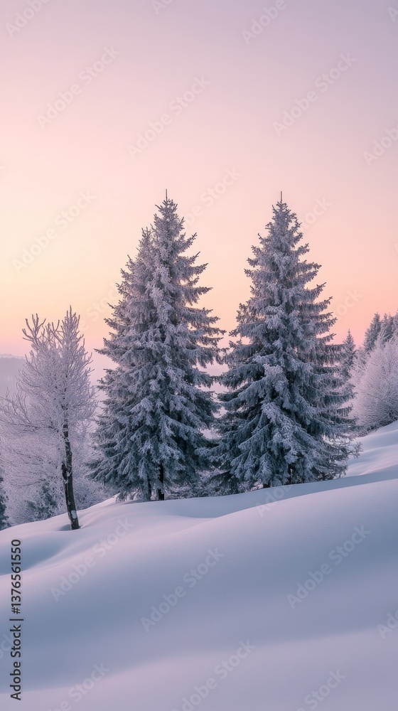 Fototapeta premium Snow-covered Landscape at Dawn With Tall Trees and a Pastel Sky in Winter