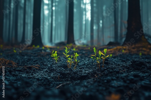 Forest recovering after wildfire with green sprouts emerging from scorched earth, symbolizing resilience and hope, against blurred