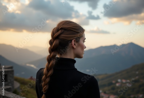 A woman with long hair in a braid looking out over a mountain range