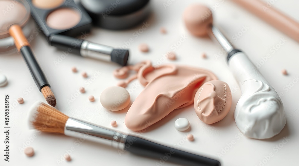 A collection of various cosmetic products including lipsticks, eyeshadows, and brushes displayed on a white background, product, makeup A collection of various cosmetic products including lipsticks, eyeshadows, and brushes displayed on a white background, product, makeup